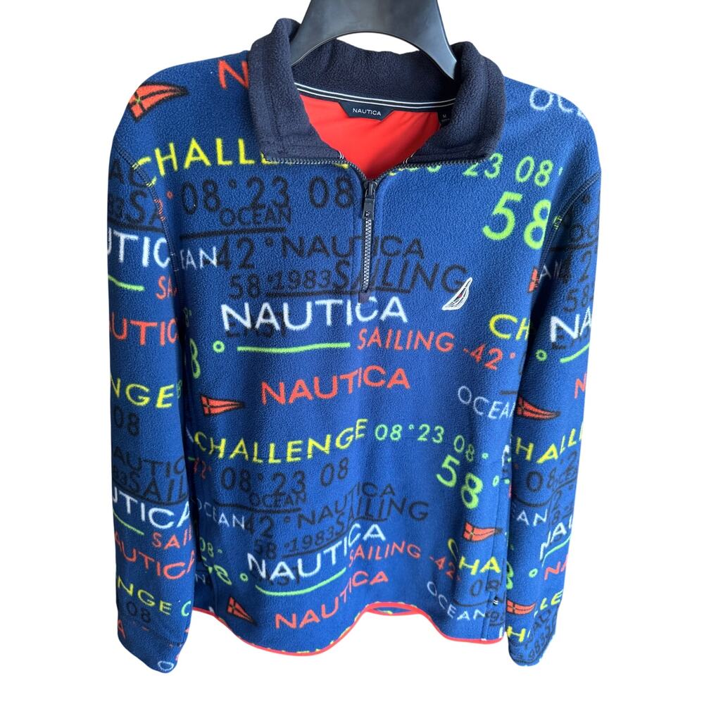 Nautica Mens Fleece Pullover Medium Blue Graphic 1/4 Zip Long Sleeve Sweater
